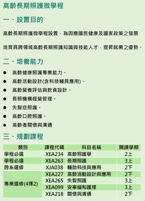 高齡長期照護微學程
